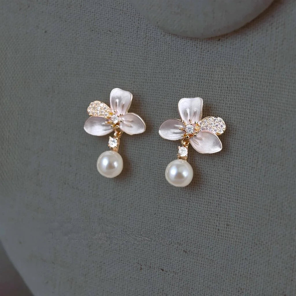 Sweet Elegant Floral Drop Earrings With Micro Pave Zircon And Hand Painted Glass Pearl Flowers