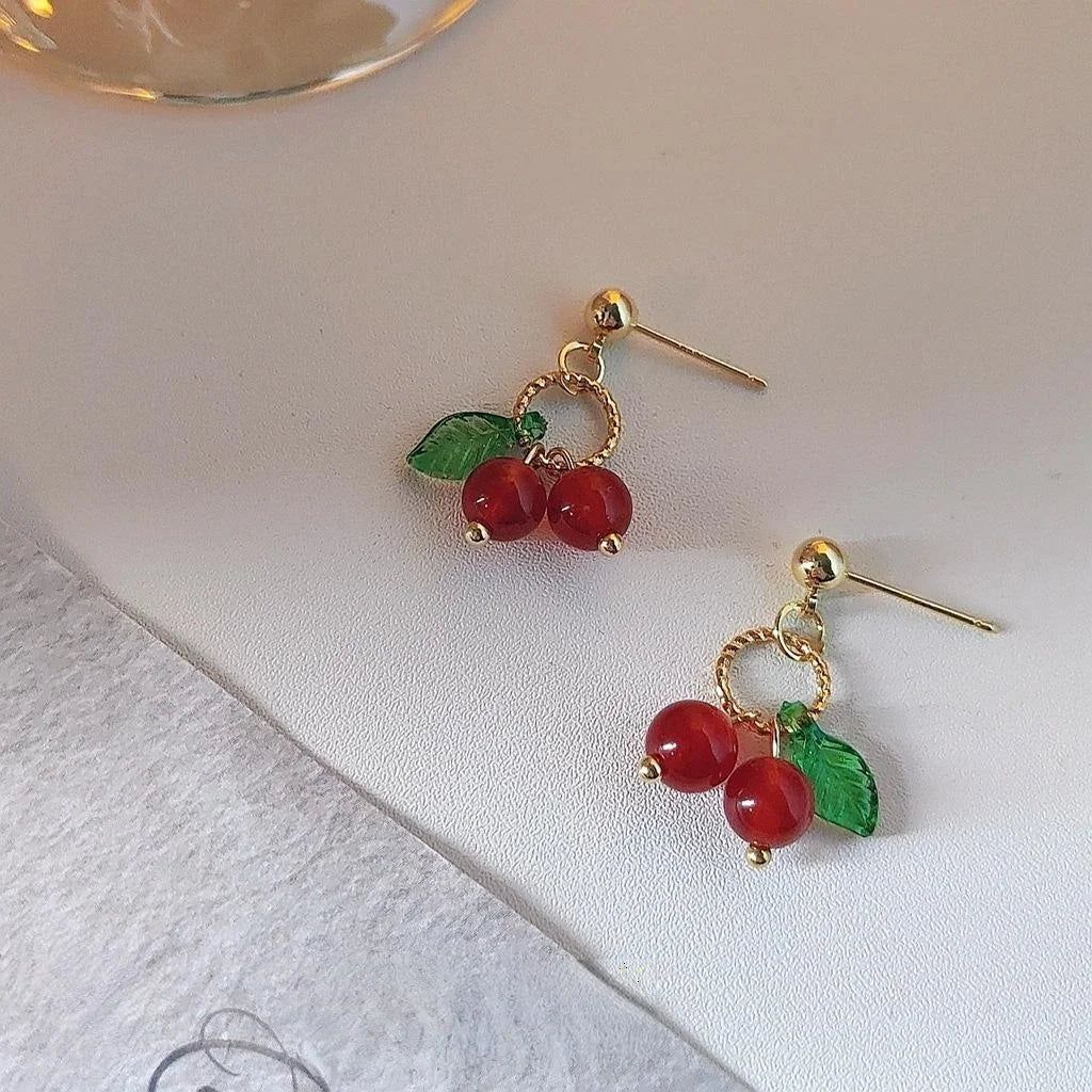 Sweet Cherry Copper Stud Earrings Handmade Forest Style Silver Plated Pin Jewelry
