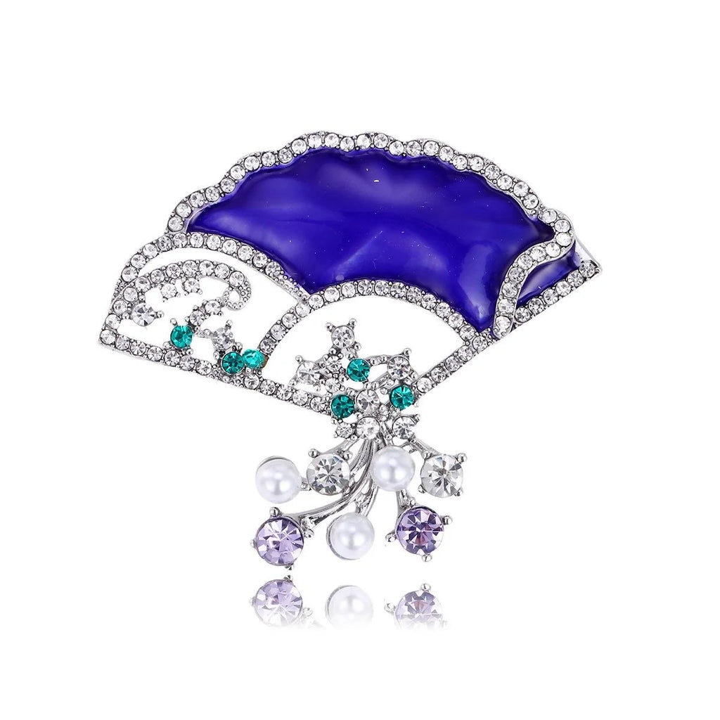 Elegant Blue Enamel Fan Brooch With Rhinestone And Faux Pearl Tassels, Women's Lapel Pin Gift