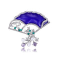 Elegant Blue Enamel Fan Brooch With Rhinestone And Faux Pearl Tassels, Women's Lapel Pin Gift