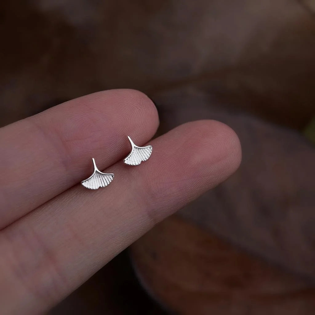 14K Gold Plated Copper Ginkgo Leaf Stud Earrings Vintage Mini Daily Geometric Jewelry