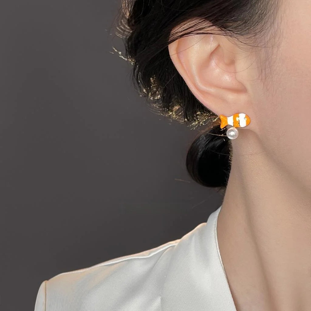 Handmade Enamel Clownfish Stud Earrings Copper Tropical Fish Design Casual Jewelry