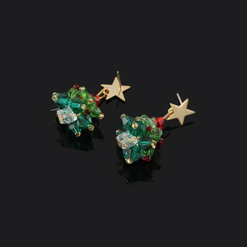 Elegant 3D Christmas Tree Star Crystal Bead Alloy Stud & Clip On No Piercing Holiday Drop Earrings