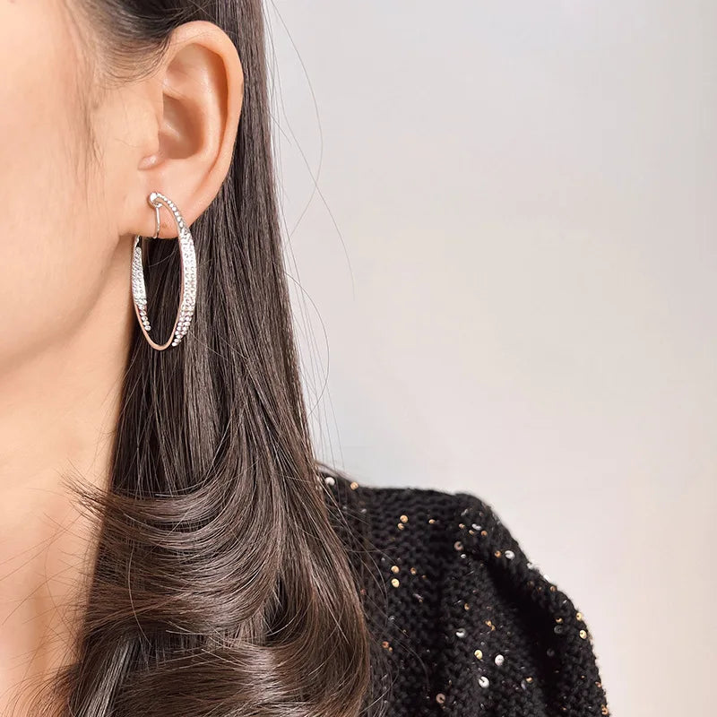 Luxury Rhinestone Spiral Coil Large Hoop Women's Stud & Clip On No Piercing Silver Alloy Earrings