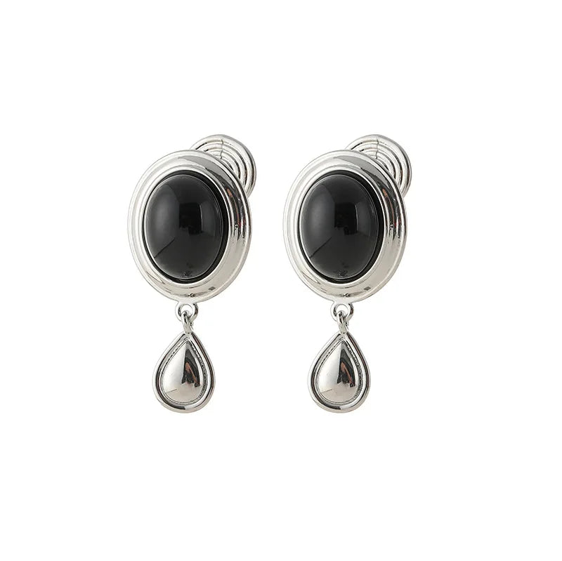 Vintage Oval Black Cabochon Alloy Teardrop Dangle Stud & Clip On No Piercing Women's Earrings