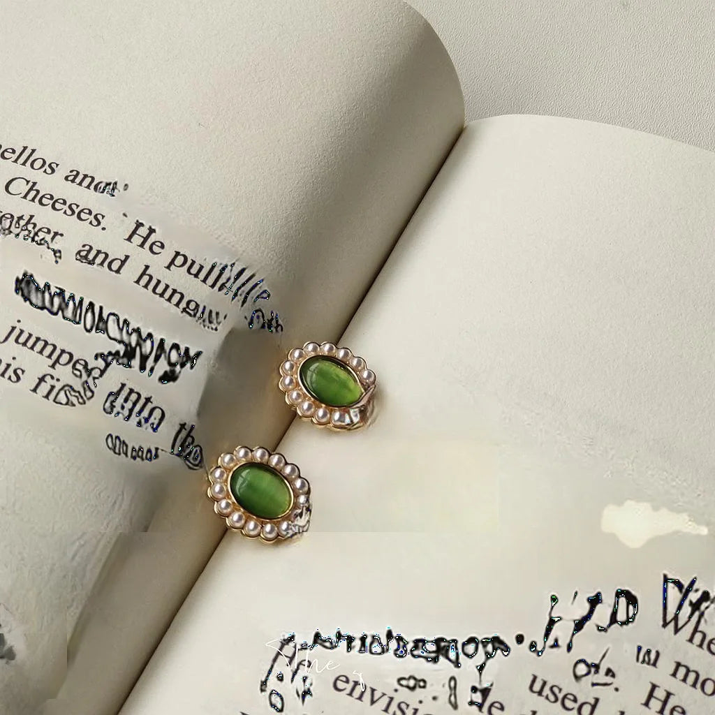 French Romantic Oval Glass Cat Eye Stone Stud Earrings 14K Plated Forest Style