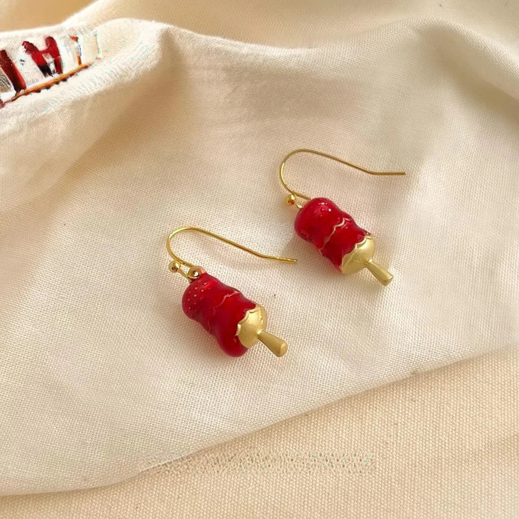 New Chinese Copper Enamel Candied Hawthorn Geometric Drop Earrings, Minimal Designer Style