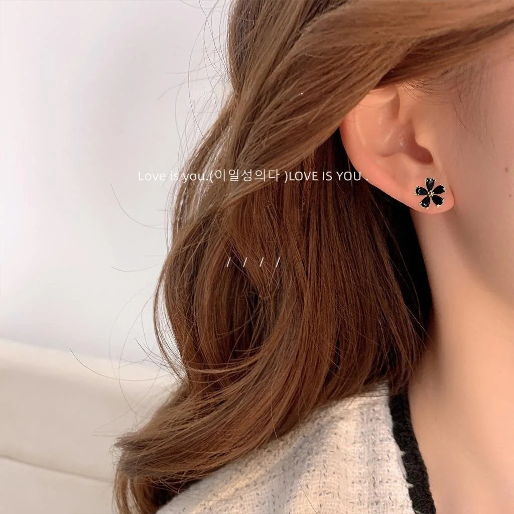 14K Plated Copper Black Flower Micro Pave Zircon Stud Earrings, Elegant Minimalist Ear Jewelry