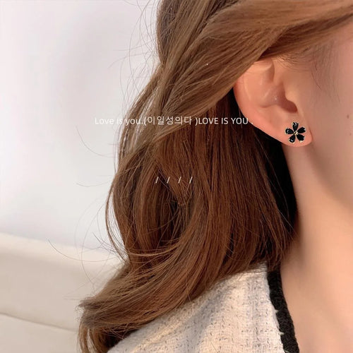 14K Plated Copper Black Flower Micro Pave Zircon Stud Earrings, Elegant Minimalist Ear Jewelry