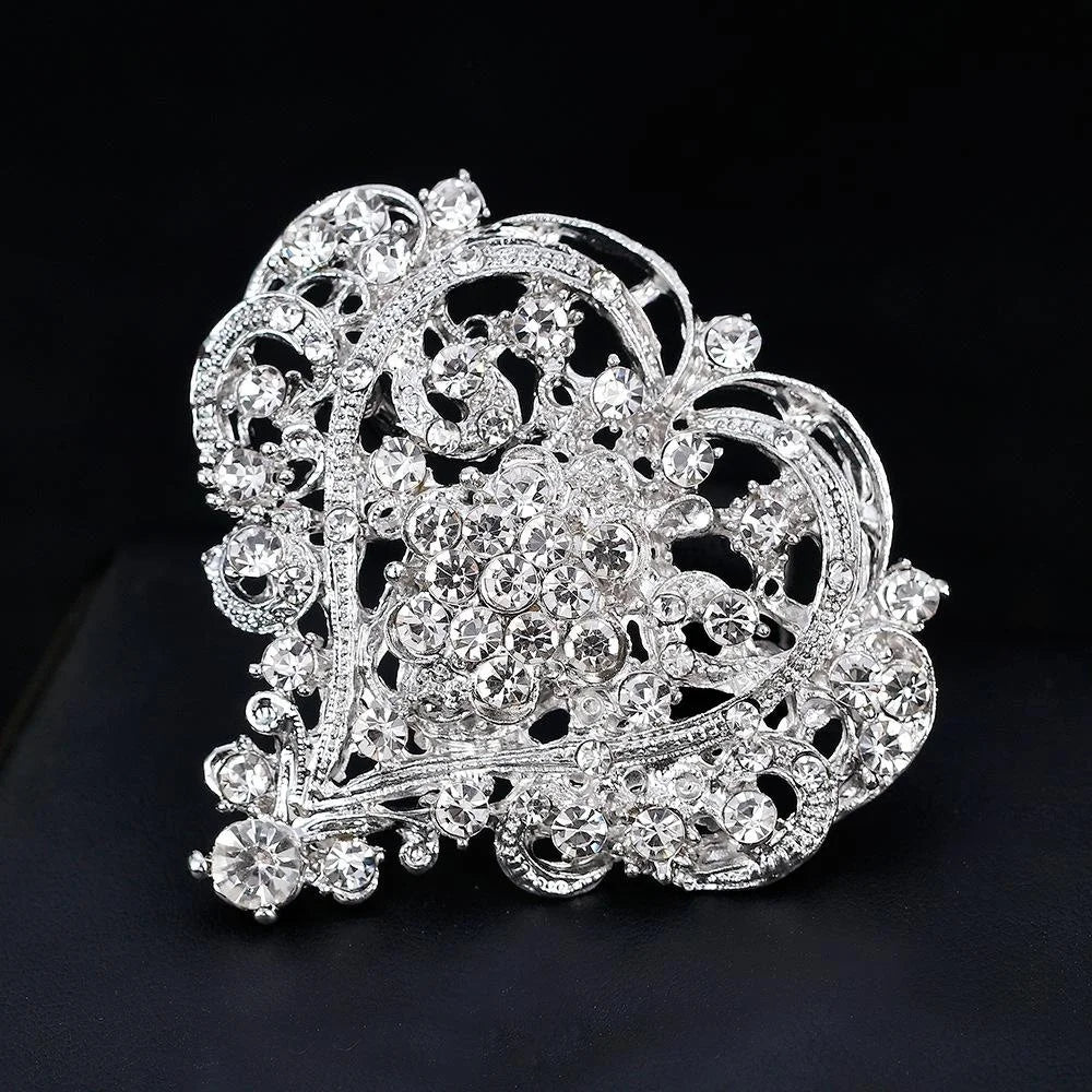 Luxury Large Heart Rhinestone Alloy Brooch For Women, Elegant Bridal Corsage Lapel Pin Suit Accessory