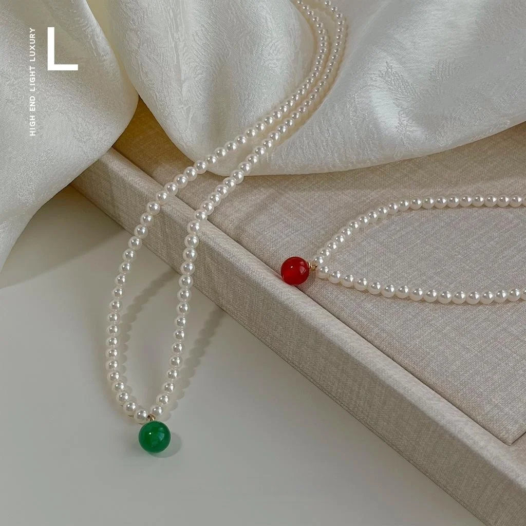 Light Luxury Red And Green Agate Glass Pearl Geometric Choker Necklace
