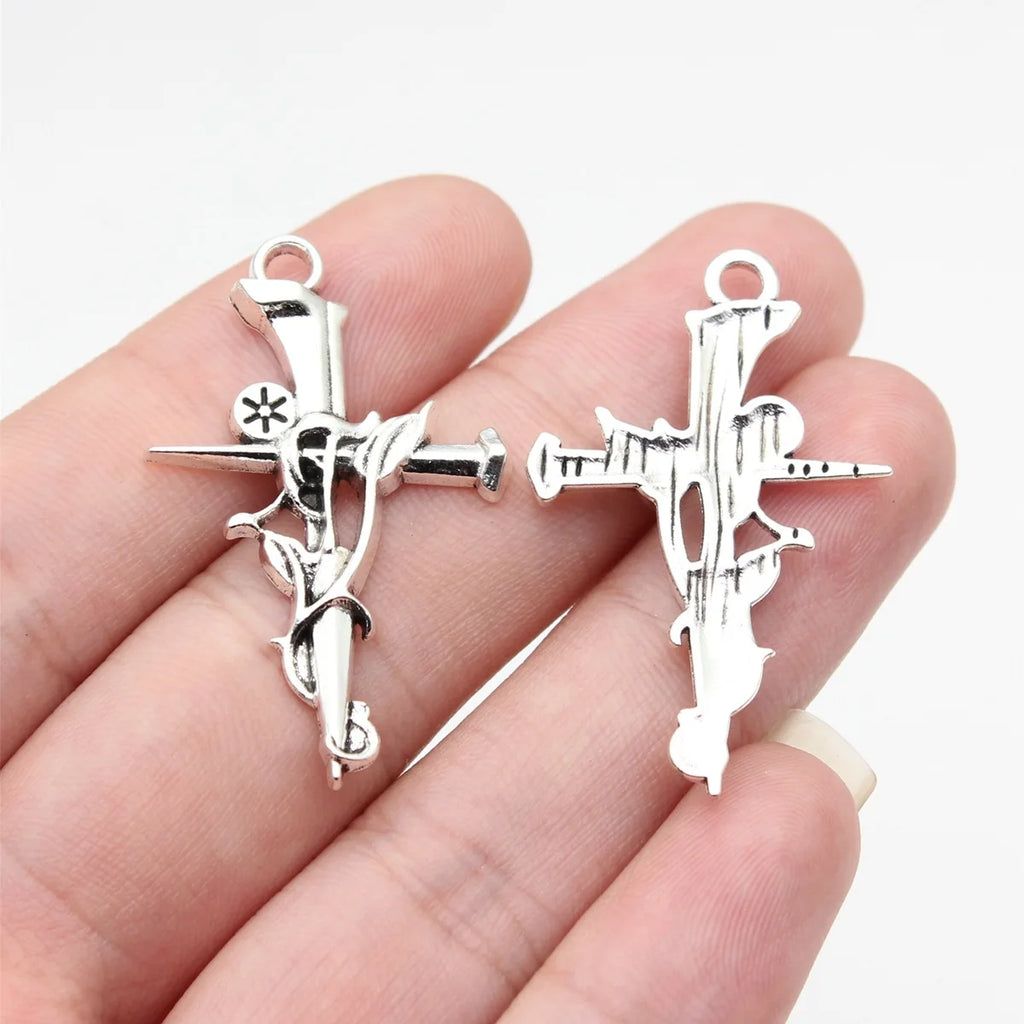 38x23mm 2.3g Antique Silver Zinc Alloy Gothic Rose Nail Cross Charm Pendant for DIY Necklace Making