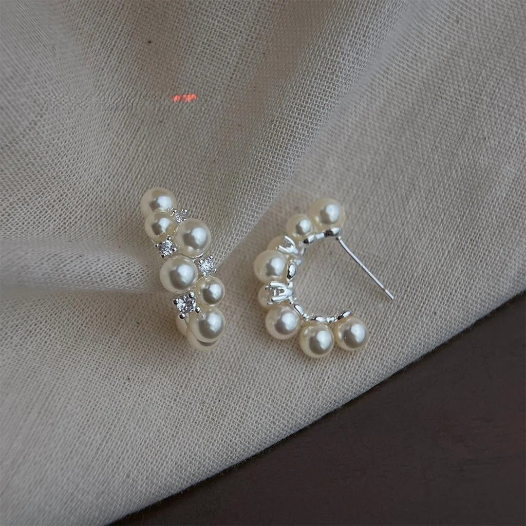 Light Luxury Copper Geometric Synthetic Pearl Drop Earrings With Zircon Pave