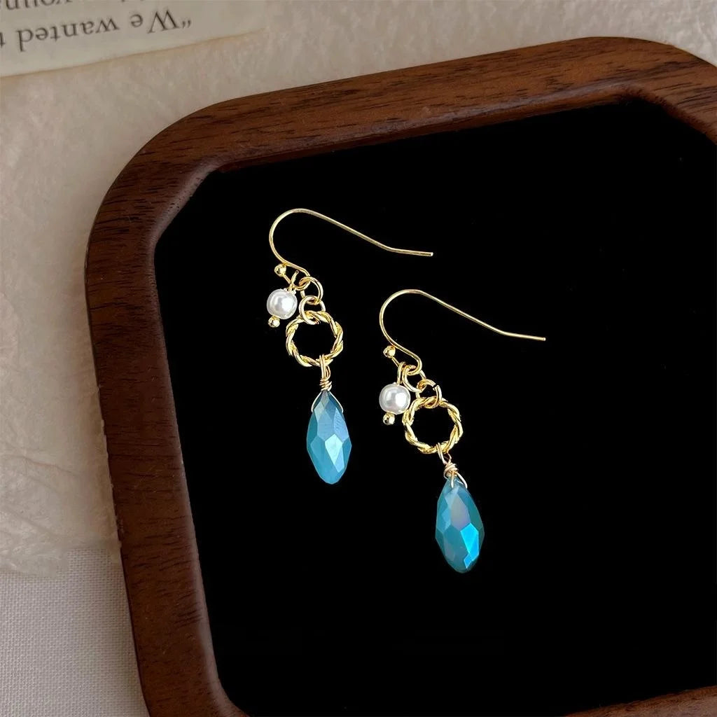 Original Designer Blue Glass Crystal Teardrop Drop Earrings With Pearl Copper Sweet Minimal Jewelry