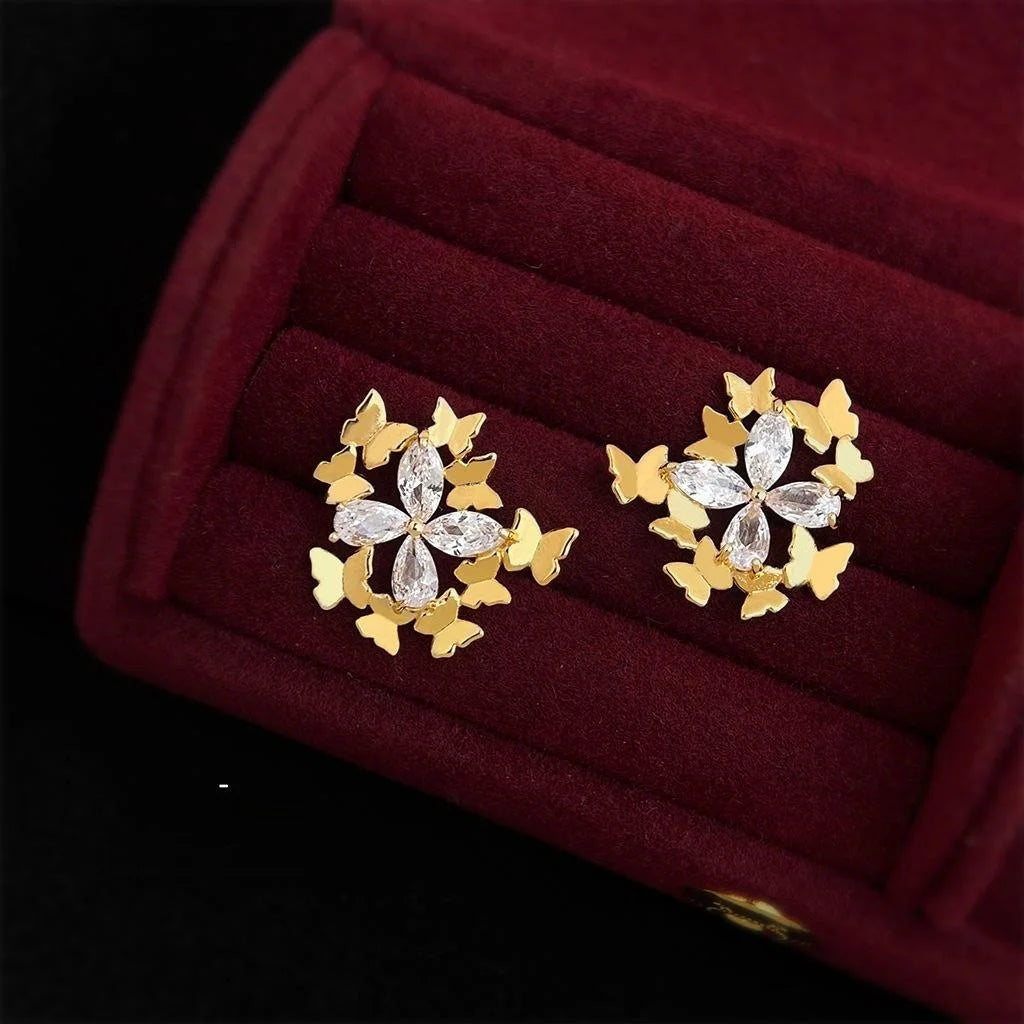 Fairy Style Butterfly Zircon Copper Stud Earrings With Silver Plated Pins Floral Geometric Design