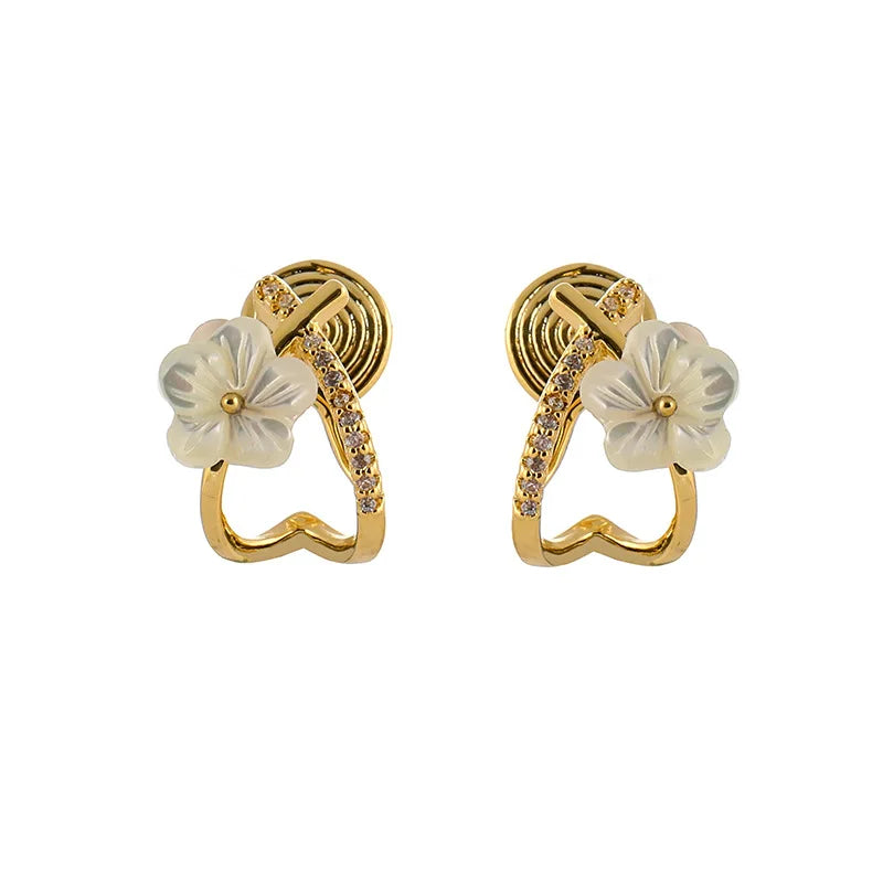 Elegant Natural Shell Flower Alloy Zircon Hoop Stud & Clip On No Piercing Light Luxury Women's Earrings