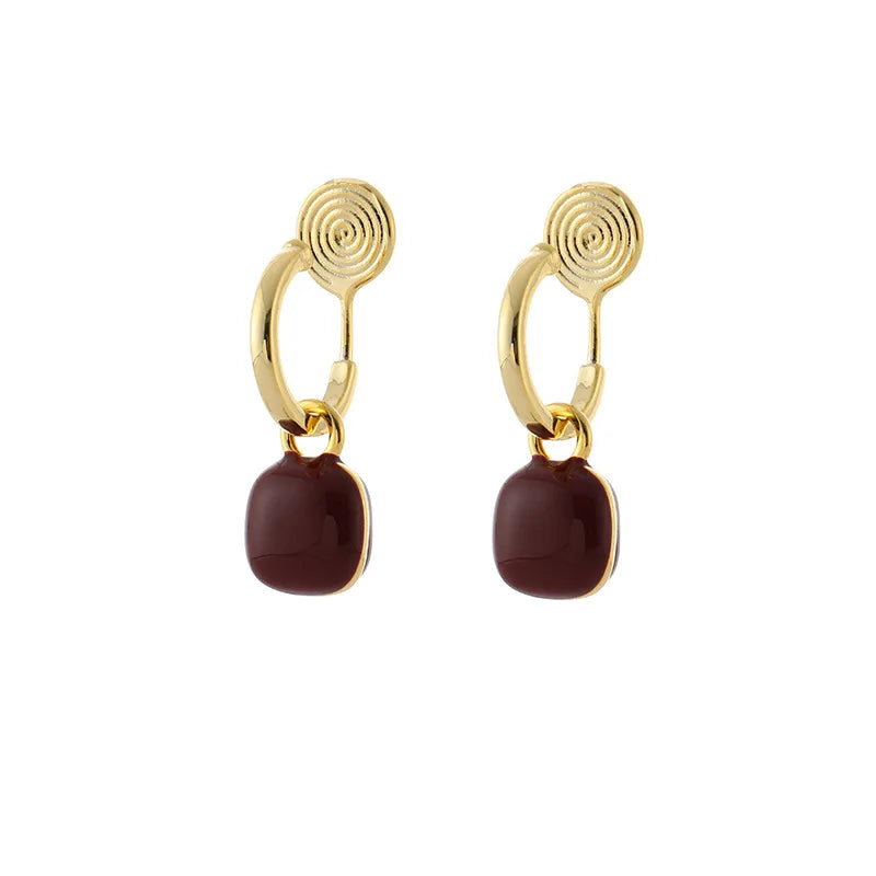 Vintage Red Enamel Square Drop Hoop Stud & Clip On No Piercing Gold Tone Alloy Spiral Disc Earrings