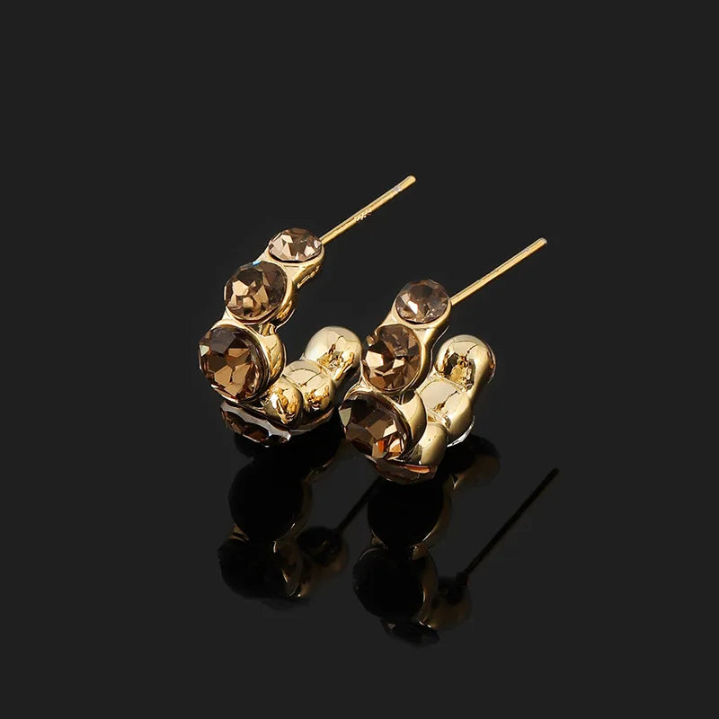 Luxury Gold Tone Brown Crystal Rhinestone Spiral Hoop Stud & Clip On No Piercing Alloy Circle Earrings