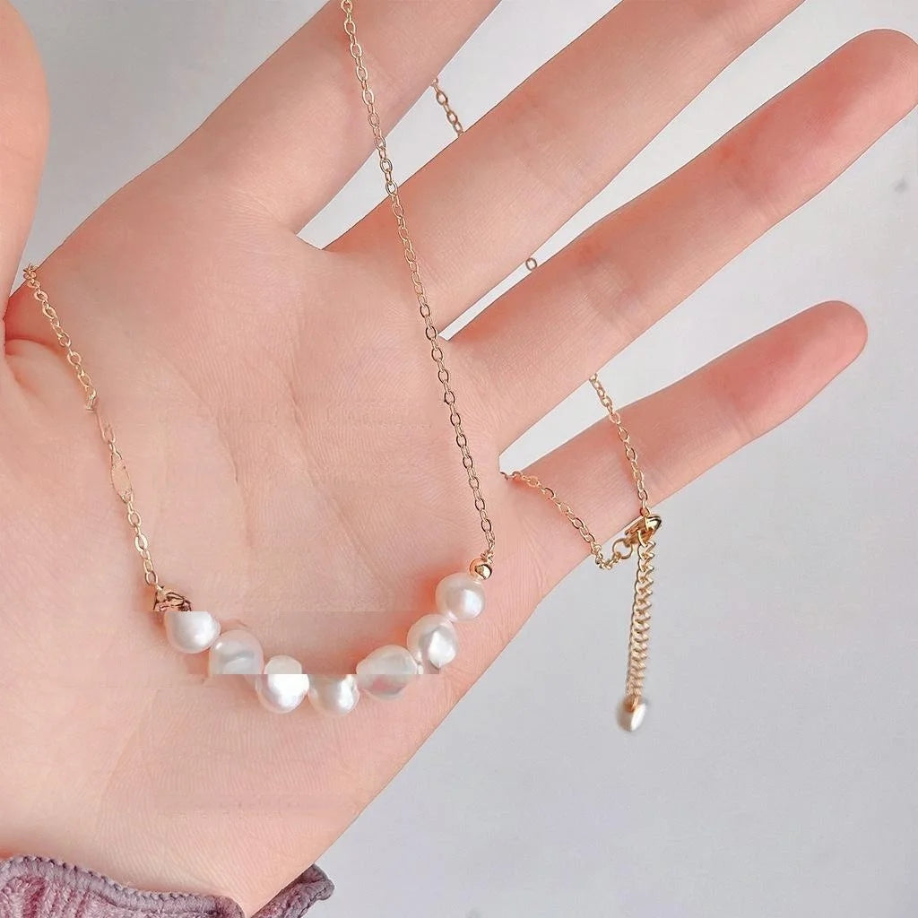 Freshwater Pearl 14K Gold Plated Copper Geometric Collarbone Necklace French Vintage Style