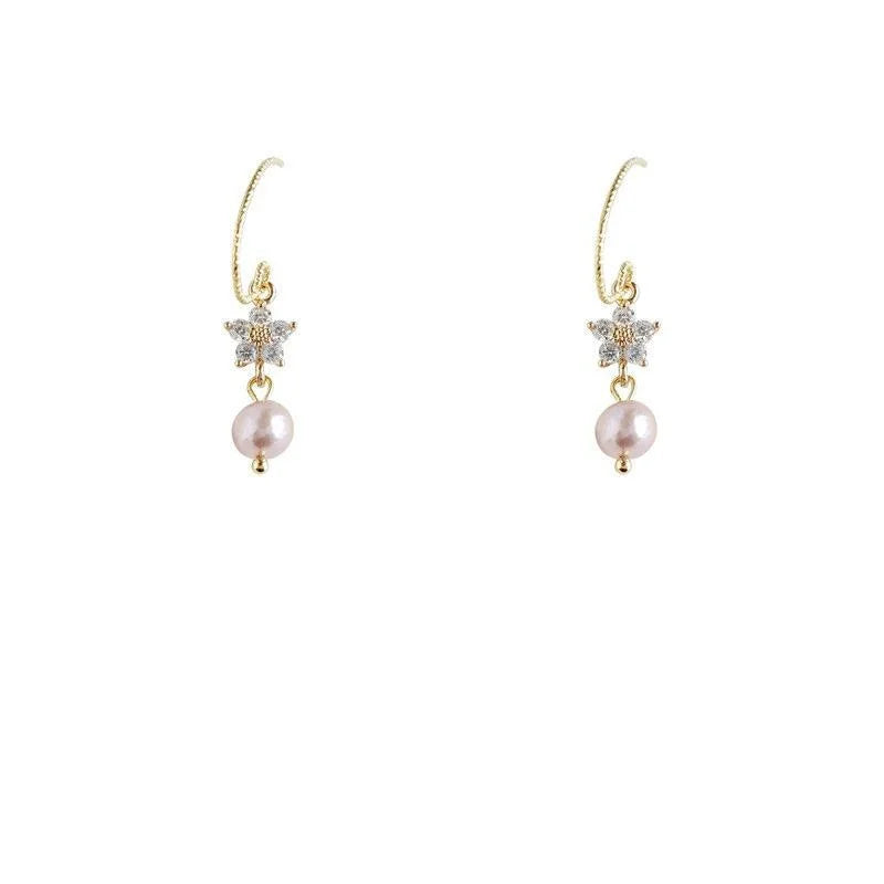 14K Gold Plated Copper Freshwater Pearl Zircon Flower Drop Earrings Elegant French Style