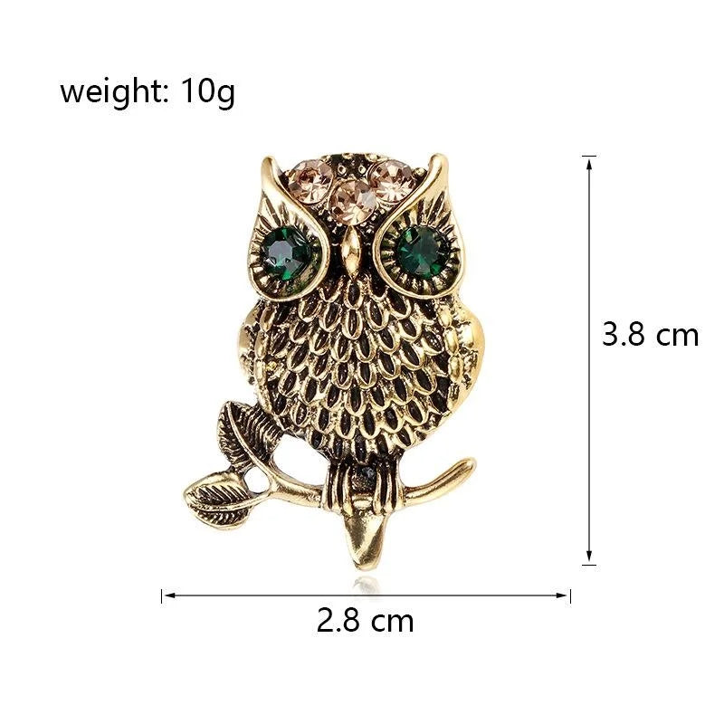 Vintage Gold Alloy Owl Brooch With Green Rhinestone Eyes, Elegant Animal Lapel Pin Suit Accessory Gift