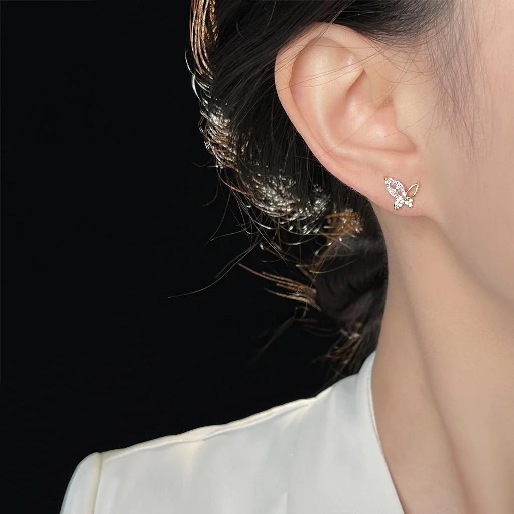 Elegant Butterfly Zircon Stud Earrings Eco-Friendly Copper Silver Plated Commuter Jewelry