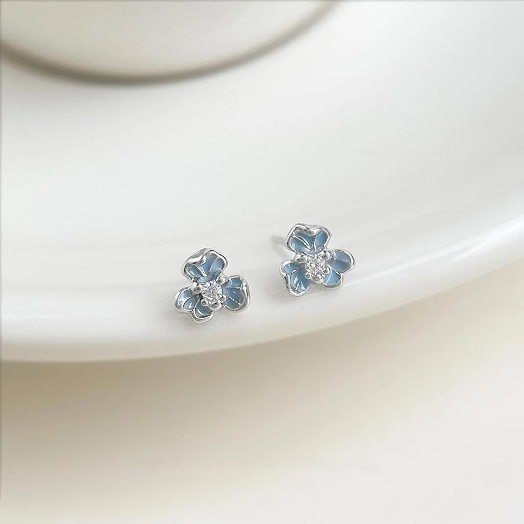 Petite Blue Iris Flower Stud Earrings Copper Zircon Enamel Chic Jewelry