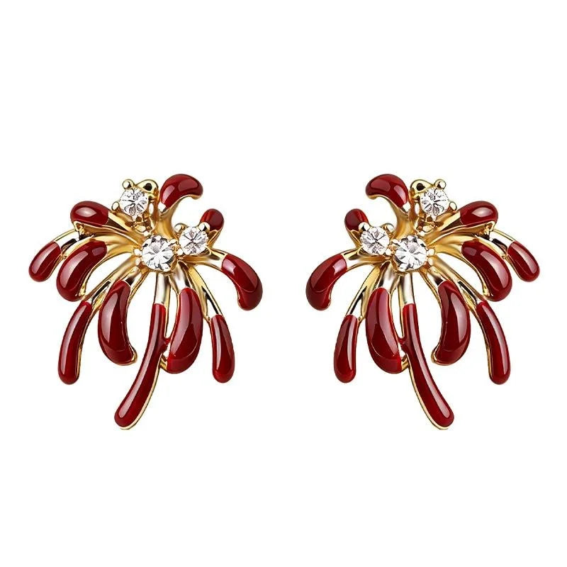 Luxury Burgundy Firework Micro Pave Zircon Enamel Geometric Copper Stud Earrings