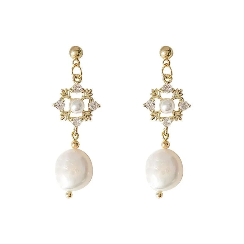 Vintage Geometric Baroque Freshwater Pearl Stud Earrings 14K Plated Copper Micro Pave Zircon