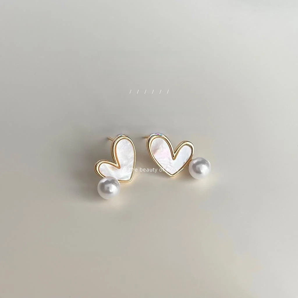 Minimalist Heart Shell Pearl Stud Earrings Copper Geometric Sweet Elegant Jewelry