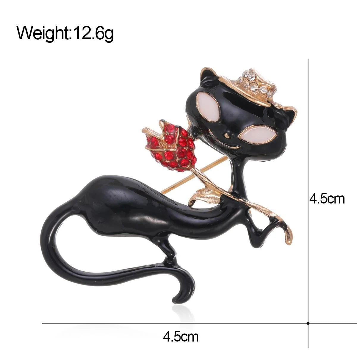 Cute Black Cat Holding Red Rose Alloy Enamel Rhinestone Brooch, Elegant Animal Lapel Pin Gift