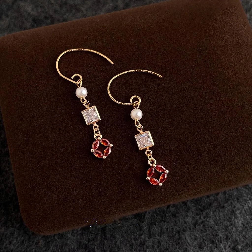 New Chinese Style Geometric Zircon Pearl Copper Long Drop Earrings for Women Supply