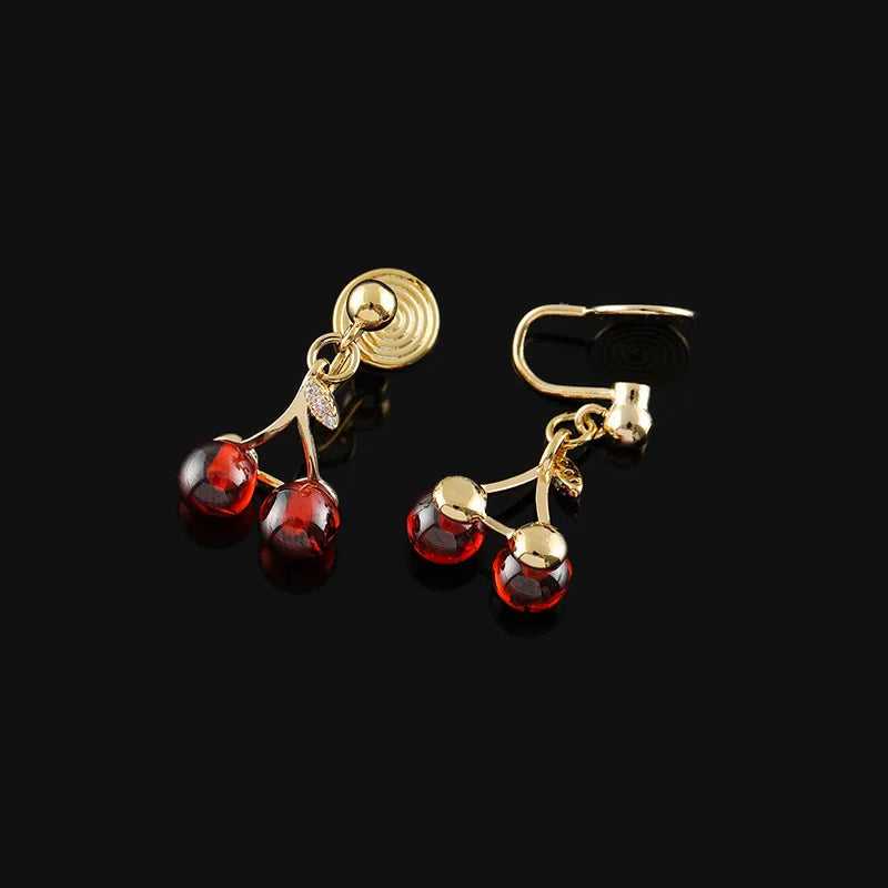 Luxury Red Cherry Fruit Drop Gold Tone Alloy Rhinestone Stud & Clip On No Piercing Dangle Earrings