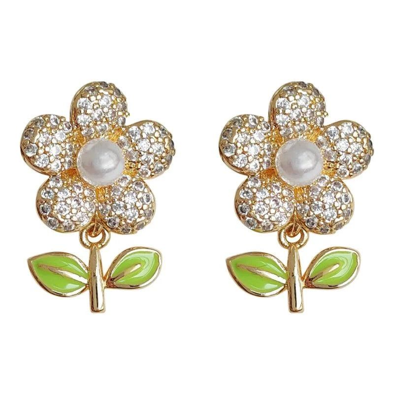 Chic Flower Zircon Copper Drop Earrings With 14K Gold Plating