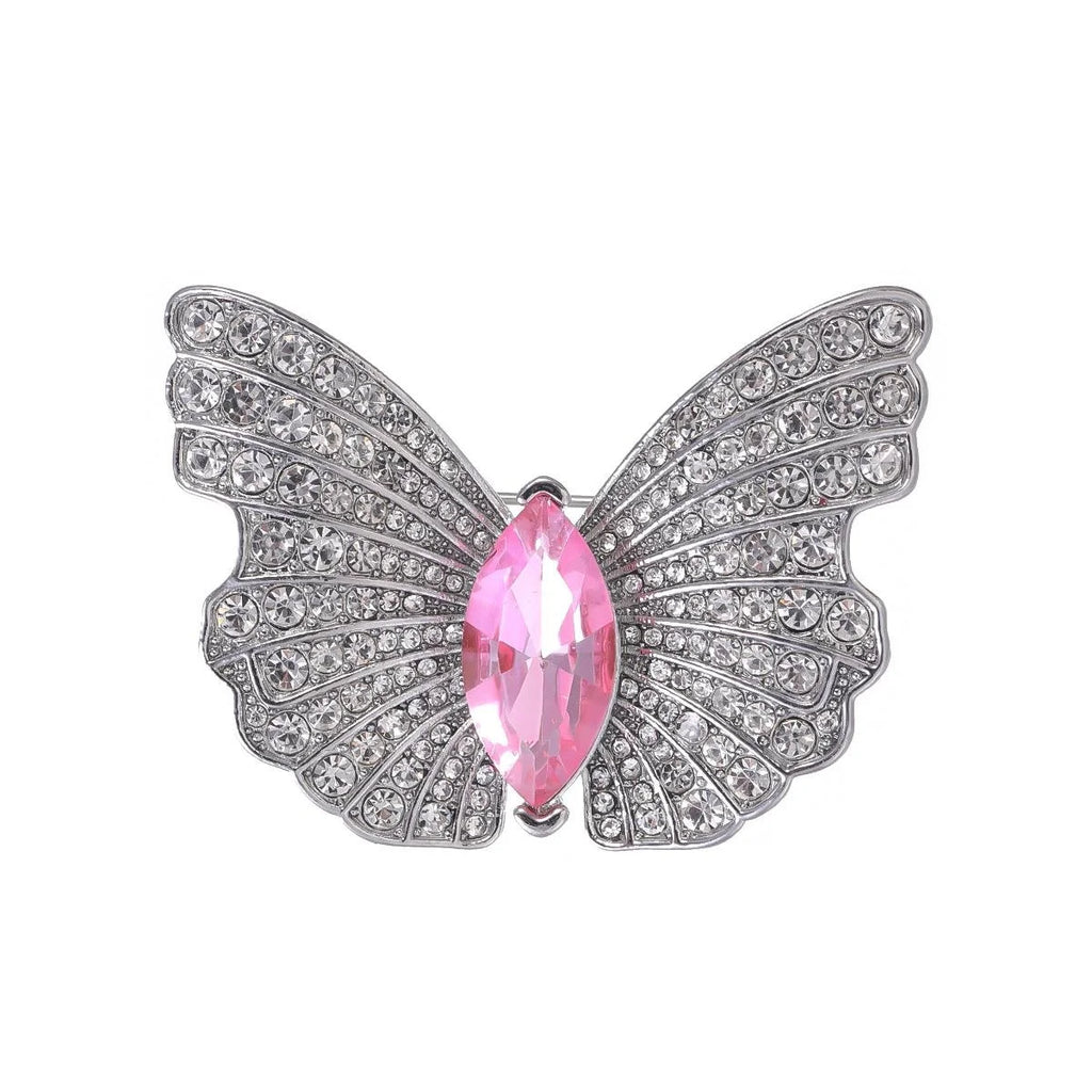 Elegant Full Rhinestone Butterfly Brooch With Pink Marquise Stone, Luxury Lapel Pin Suit Accessory Gift