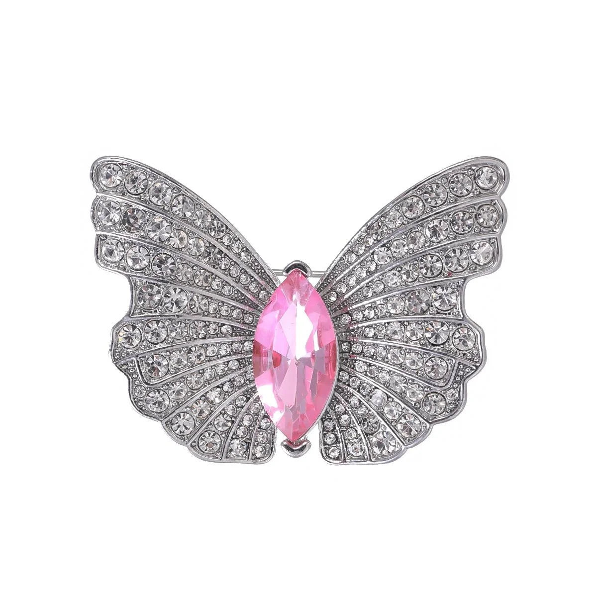 Elegant Full Rhinestone Butterfly Brooch With Pink Marquise Stone, Luxury Lapel Pin Suit Accessory Gift