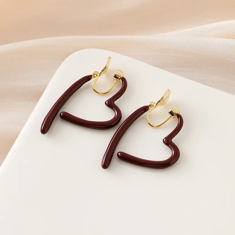 Elegant Burgundy Red Enamel Heart Spiral Hoop Alloy Stud & Clip On No Piercing Statement Drop Earrings