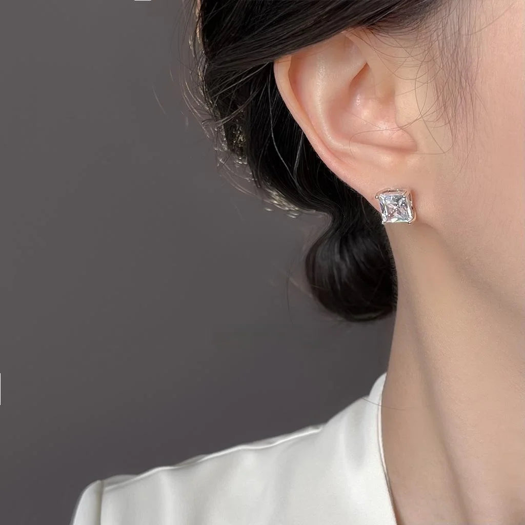 Minimalist Square Zircon Copper Stud Earrings Geometric Sparkly Commuter Jewelry