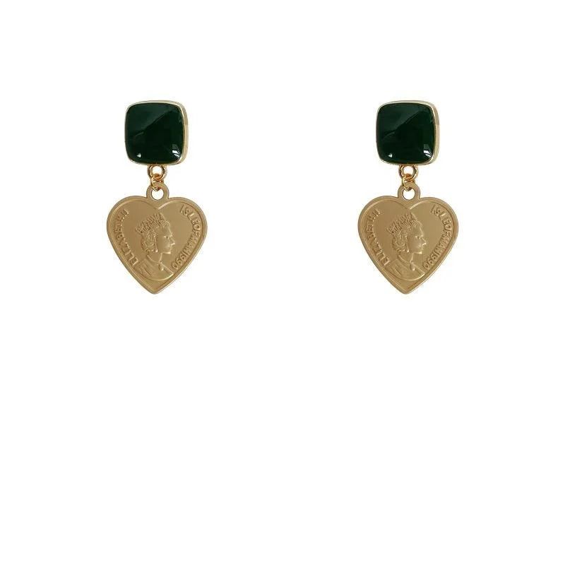 French Vintage Copper Heart Portrait Green Geometric Stud Earrings Light Luxury Jewelry