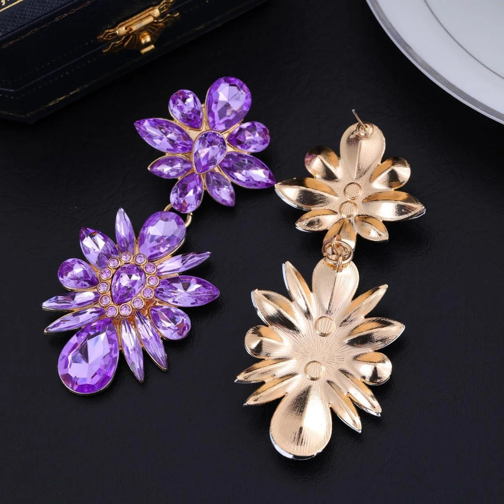 Luxury Purple Rhinestone Crystal Flower Alloy Drop Earrings For Women Wedding Party Banquet Jewelry Gift
