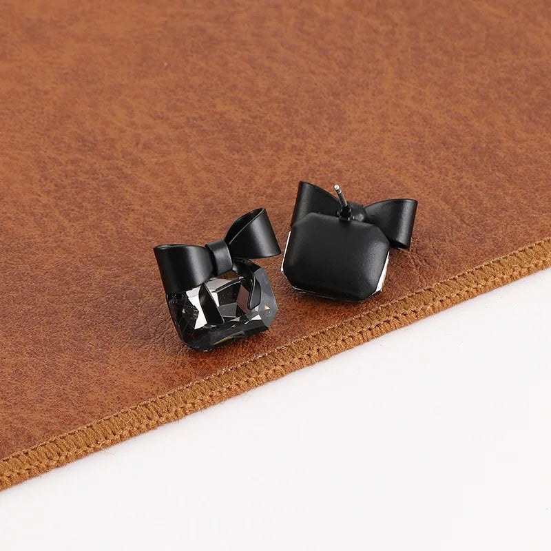 Black Bow Square Crystal Alloy Stud & Clip On No Piercing Elegant Minimalist Fashion Earrings