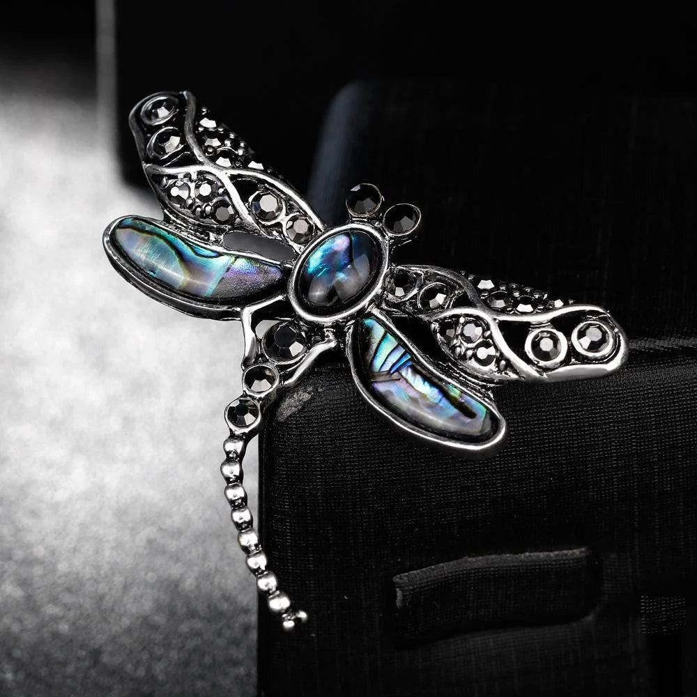 Vintage Dragonfly Mother Of Pearl Rhinestone Alloy Brooch Elegant Lapel Pin Scarf Buckle Suit Accessory Gift