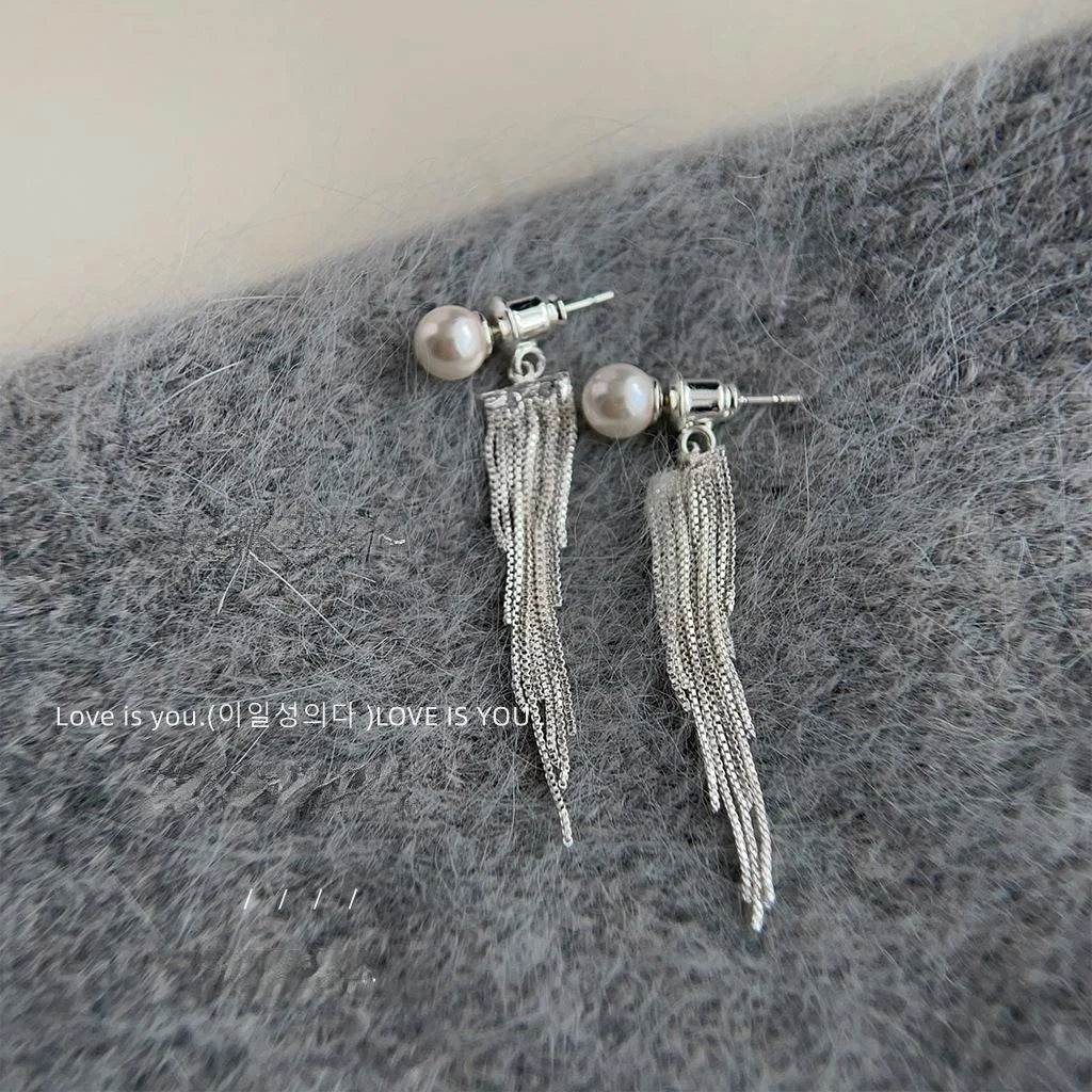 Convertible Light Luxury Silver Geometric Tassel Drop Earrings With Glass Pearls And Copper Alloy