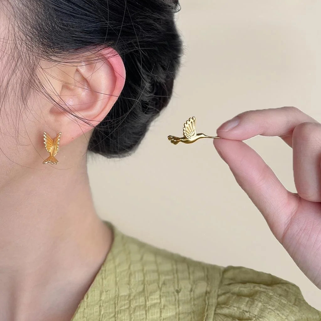 Designer Matte Copper Hummingbird Stud Earrings Artistic Style Bird Jewelry