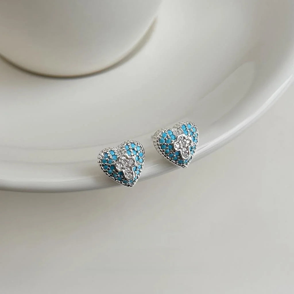 Elegant Blue Zircon Cross Heart Stud Earrings Eco-Friendly Copper Minimalist Jewelry