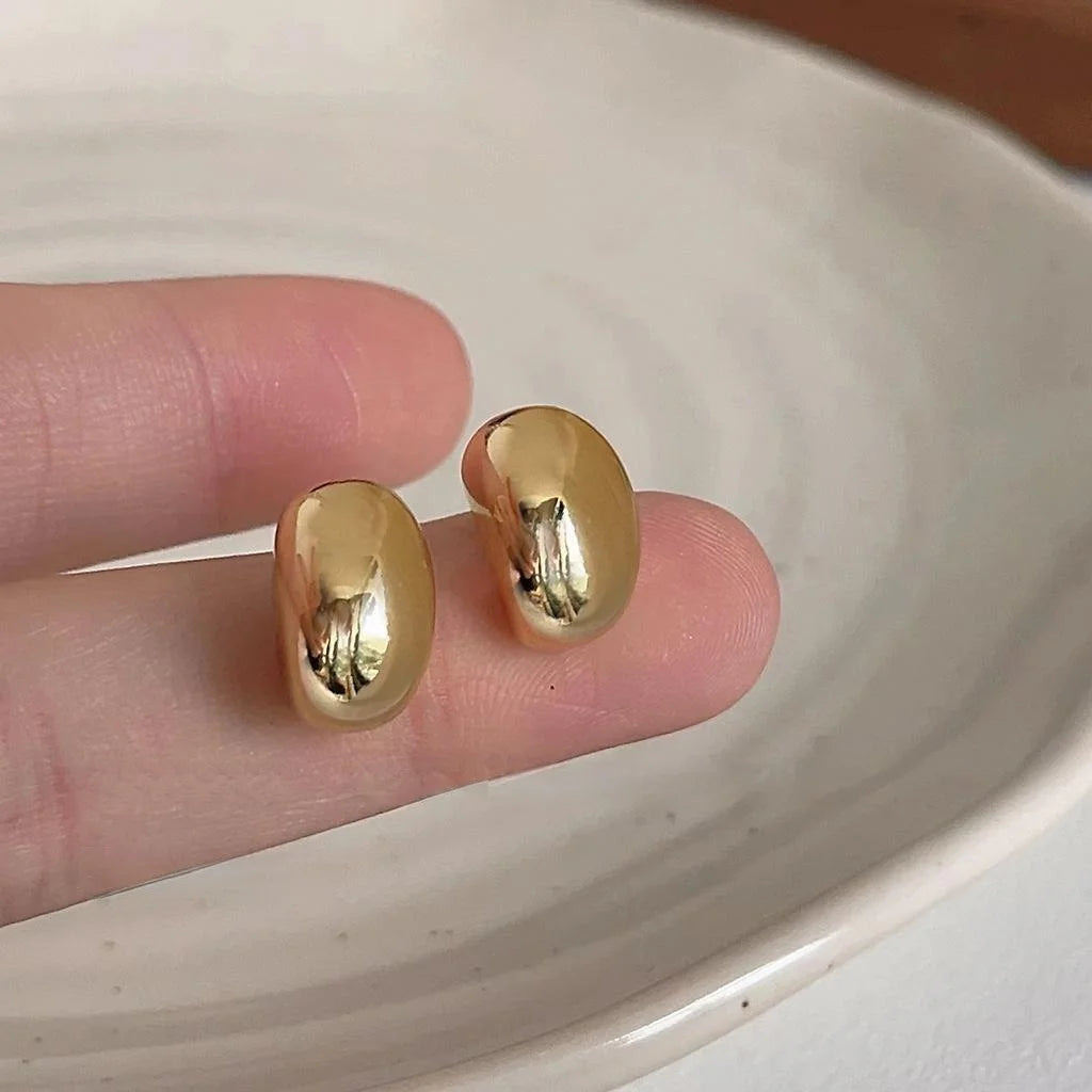 14K Gold Plated Copper Smooth Oval Bean Stud Earrings Elegant Minimalist Geometric Jewelry