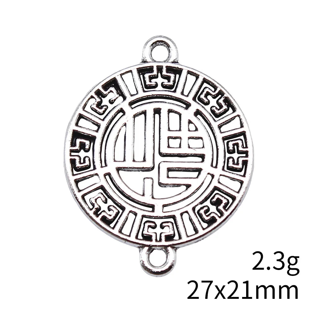 27x21mm 2.3g Antique Silver Zinc Alloy Fu Character Connector Charm for Chinese Style Jewelry Making