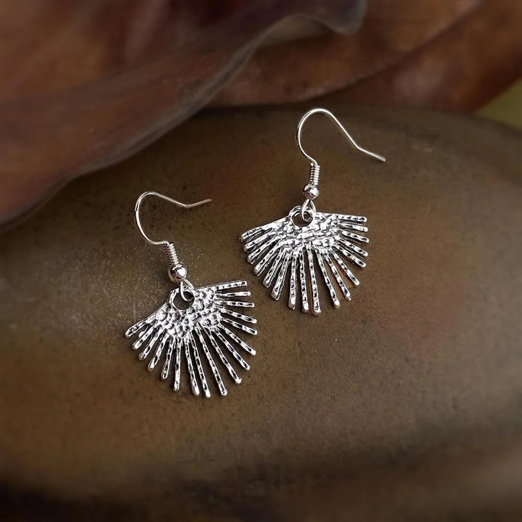Vintage Antique Silver Eco-Friendly Copper Hollow Leaf Fan Drop Earrings for Women