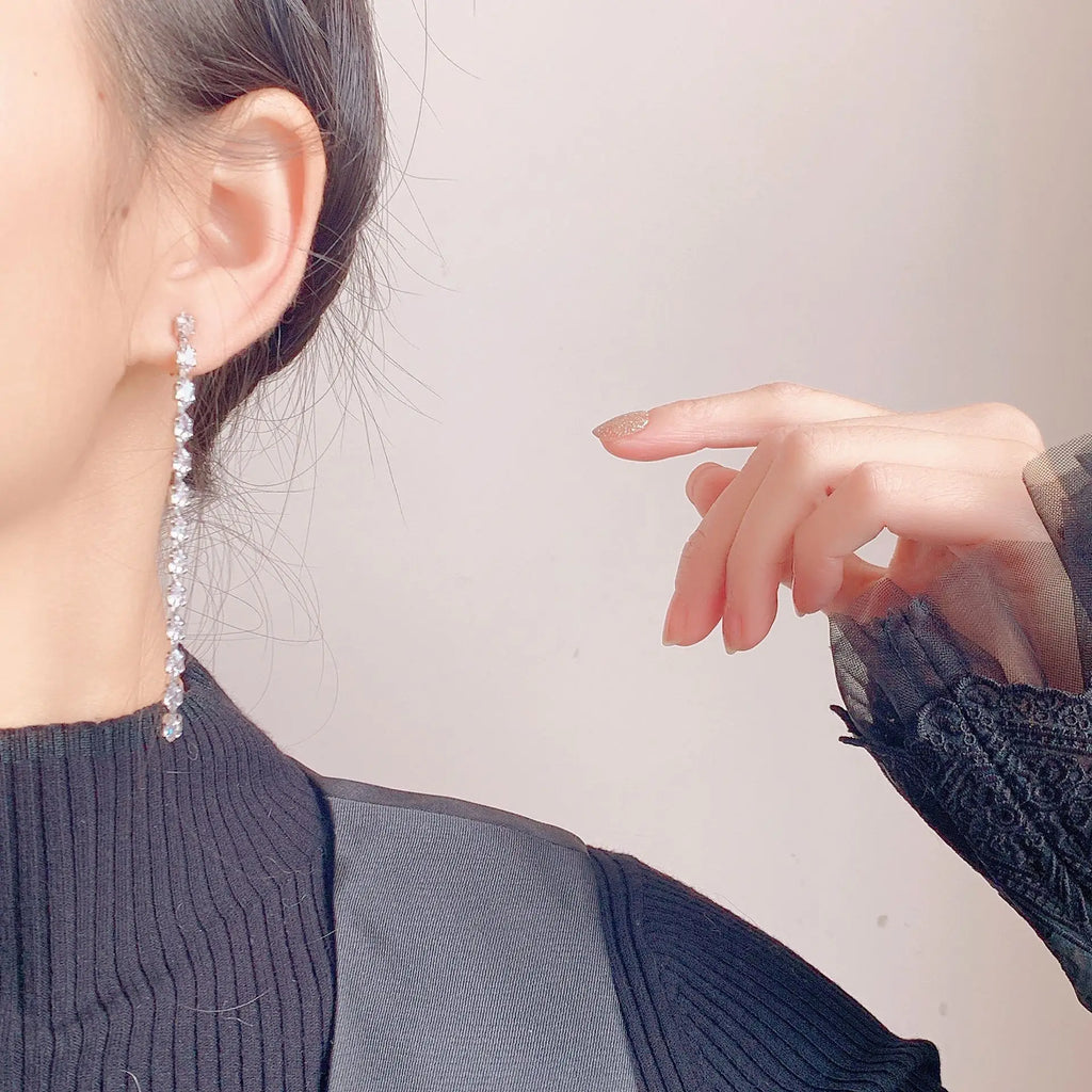 Elegant Long Tassel Marquise Zircon Spiral Drop Stud & Clip On No Piercing Silver Needle Earrings