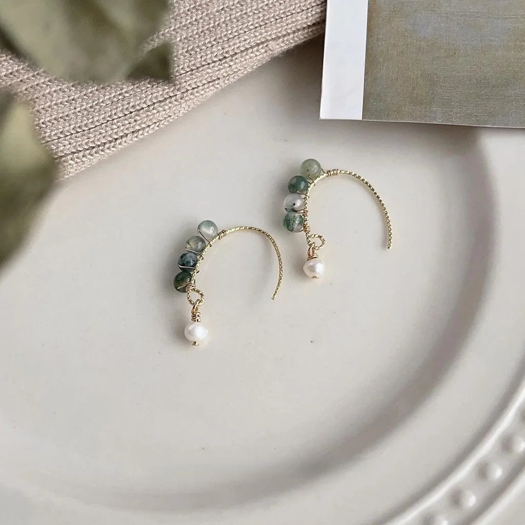Forest Style Natural Stone And Freshwater Pearl Geometric Round 14K Plated Drop Earrings